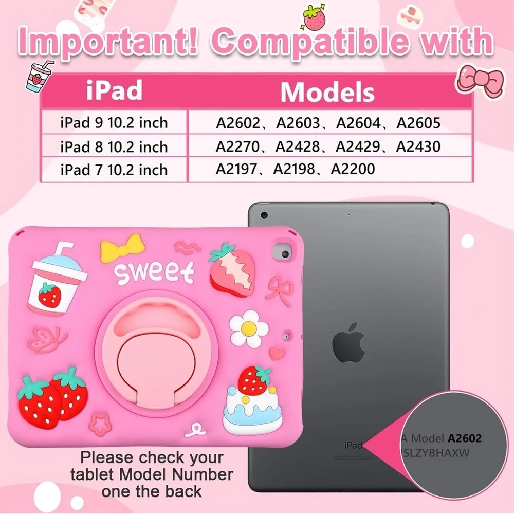 iPad 10.2” Kids Case Pink Cute Kawaii Strawberry w/ Strap & Stand (7/8/9 Gen)